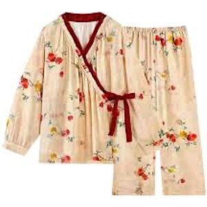 Cotton Kimono Style Wrap Loungewear in Pomegranate